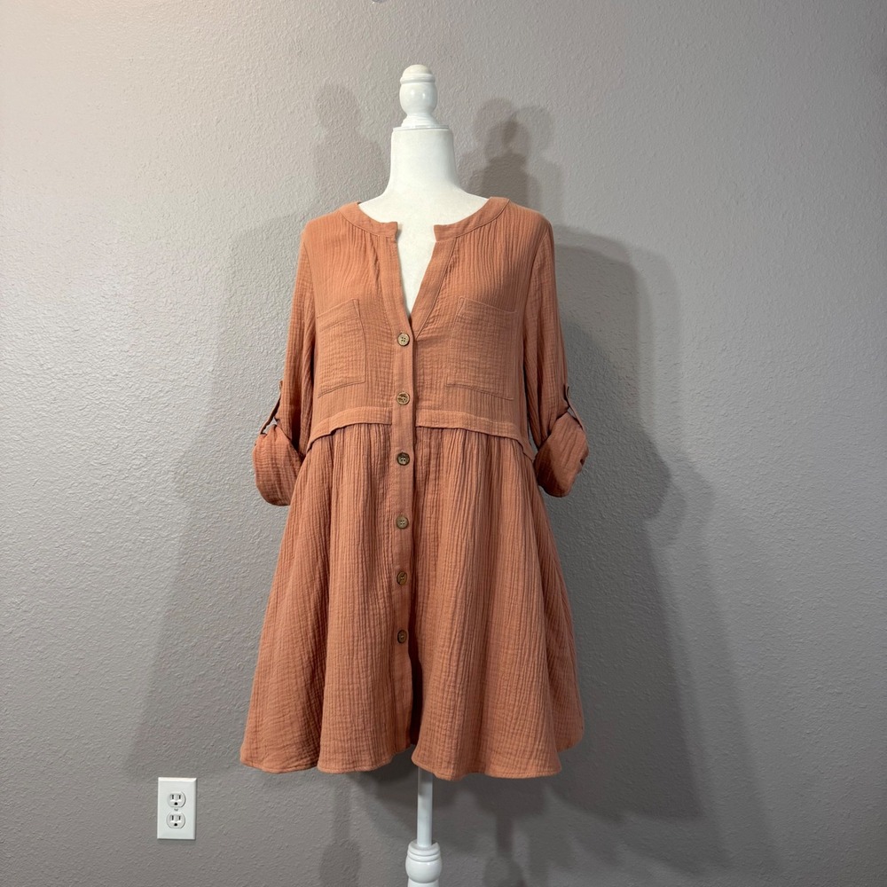 By Together Women's Size S Terracotta Gauze‎ Button Down Pockets Tunic Dress